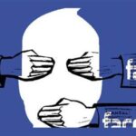 Facebook corporation is known for censoring content by left activists and organizations. In the composition Facebook hands are blocking mouth and eyes in a face sketch. Photo courtesy of Adhocnews (Italy).