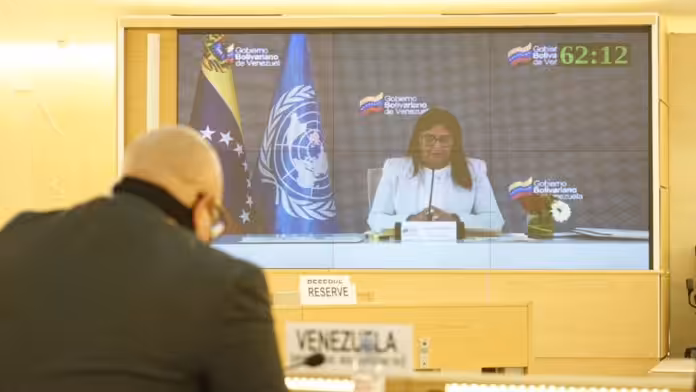 Venezuelan Vice President Delcy Rodriguez being watch online from Geneva, Switzerland, during the annual universal human rights review. Photo: Twitter / @MIPPCI.