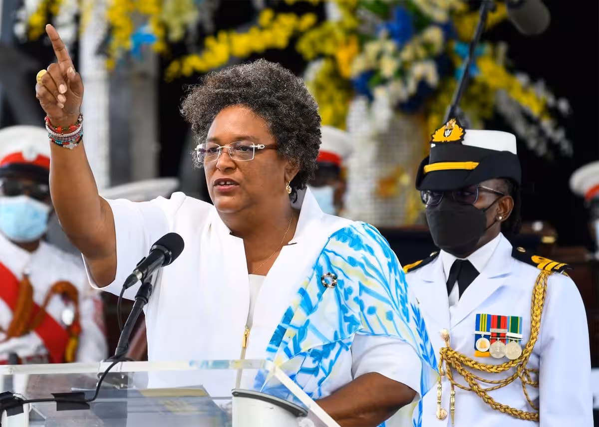 Prime Minister of Barbados, Mia Mottley, speaks in capital Bridgetown on November 30, 2021, after the Caribbean country became a republic. Photo: Randy Brooks / AFP
