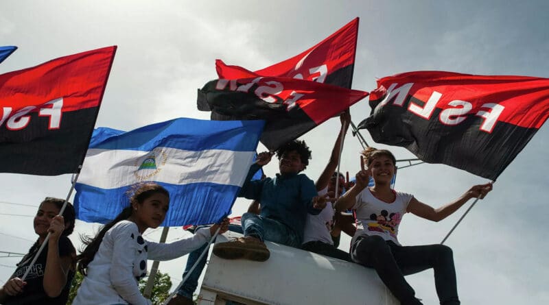 Young Sandinista supporters at the Juan Pablo II plaza, in Managua, Nicaragua, celebrating 39th anniversary of the Sandinista Revolution, on July 19, 2018. Photo: AP / Cristobal Venegas