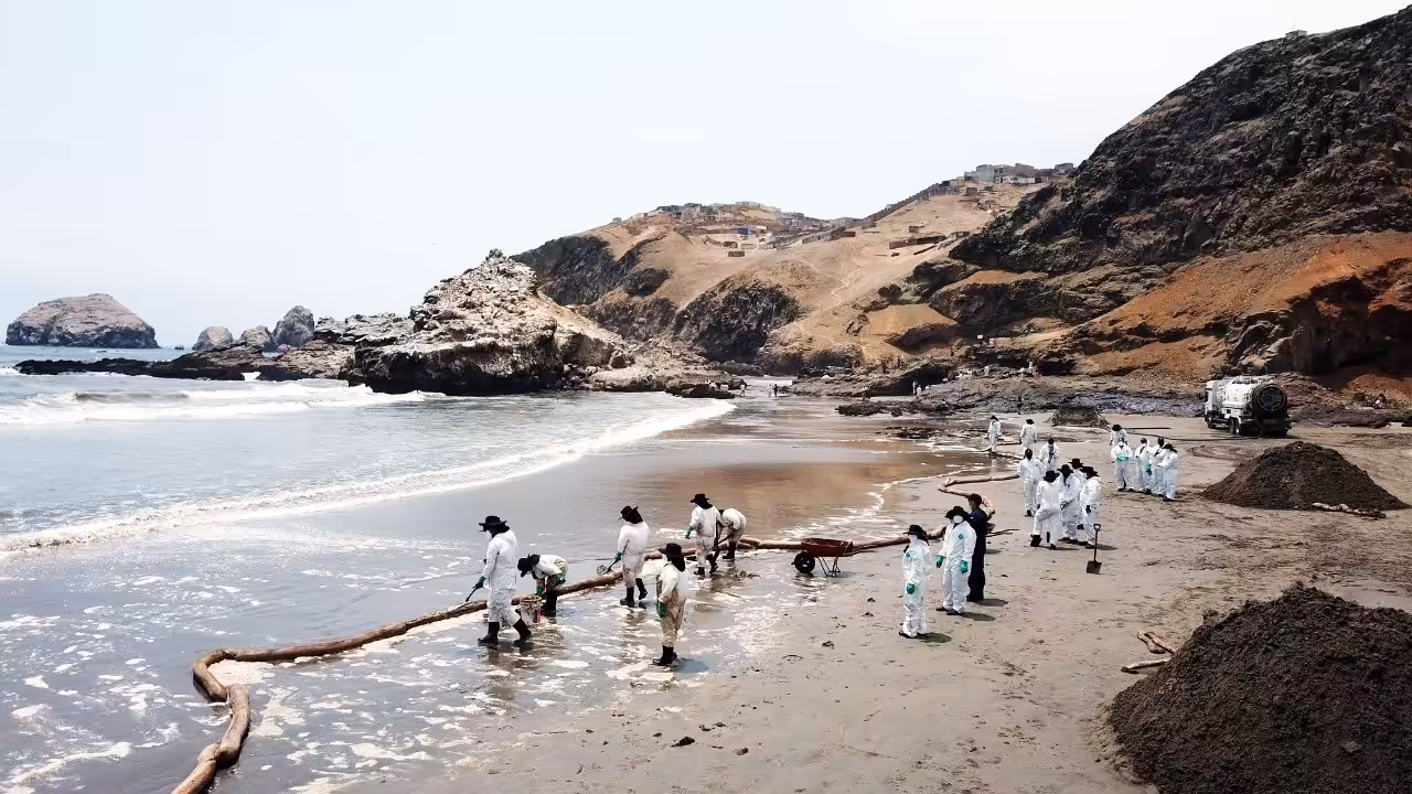 Clean-up operation underway in the coastal territories affected by the oil spill in the Ventanilla Sea of Peru, January 20, 2022. Photo: Presidency of Peru / @presidenciaperu