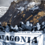 Photo composition of Laguna Torre (Argentina) and a protest against a dam in Patagonia. Photo: Al Mayadeen.