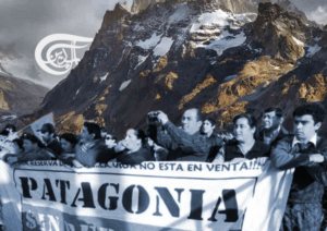 Photo composition of Laguna Torre (Argentina) and a protest against a dam in Patagonia. Photo: Al Mayadeen.
