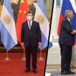 Argentine President Alberto Fernández with Xi Jinping, president of China (left), and with Vladimir Putin, president of Russia (right). Photo composition by Multipolarista.