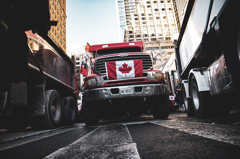 Supporters of Canadian truckers' convoy rally in Toronto on February 5, 2022. Photo: Michael Swan