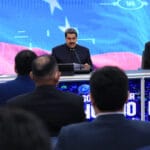 President Nicolas Maduro (center), Vice President Delcy Rodriguez (left) and Minister for Petroleum Tareck El Aissami (right) during the televised event announcing economic decisions. Photo: Presidential Press.