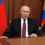 Russian President Vladimir Putin speaks during a national address in which he announced a "special military operation" in the Donbass region, February 24, 2022. Photo: RIA Novosti