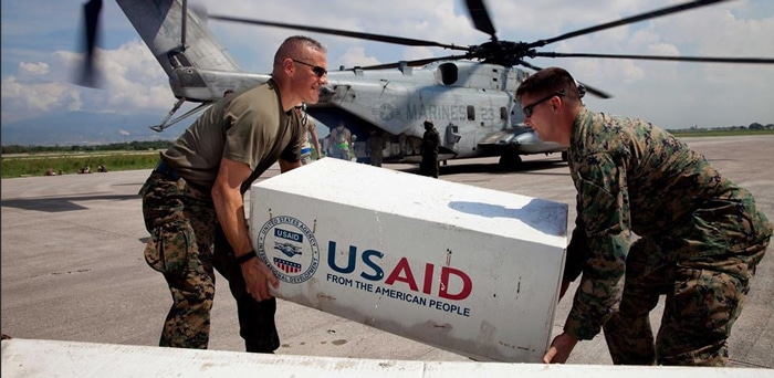 USAID "humanitarian aid" being unloaded from a US Marine Corps CH-53E super stallion helicopter in Haiti (2016). File photo courtesy of US Marine Corps.