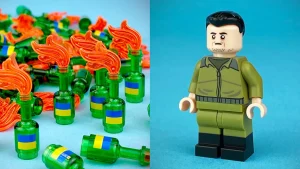 Featured image: Custom LEGO of Molotov cocktails (L) and figure of Ukrainian President Volodymyr Zelensky (R) as portrayed by mainstream media in the campaign to present Zelensky as a statesman and romanticized an alleged Ukrainian resistance. Photo: Citizen Brick.