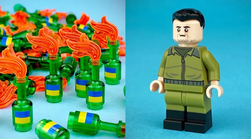Featured image: Custom LEGO of Molotov cocktails (L) and figure of Ukrainian President Volodymyr Zelensky (R) as portrayed by mainstream media in the campaign to present Zelensky as a statesman and romanticized an alleged Ukrainian resistance. Photo: Citizen Brick.