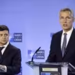 NATO Head Jens Stoltenberg (right) and Ukraine President Volodymyr Zelensky (left) during a press conference on June 4, 2019. File photo.