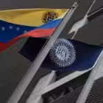 Central Bank of Venezuela (BCV) headquarters in Caracas with BCV flag and the Venezuelan flag. File photo.