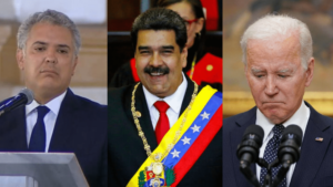 Colombian president Ivan Duque looking disoriented (left), Venezuelan President Nicolas Maduro laughing (center) and US president Joe Biden looking sad (right). Photo by RedRadioVE.