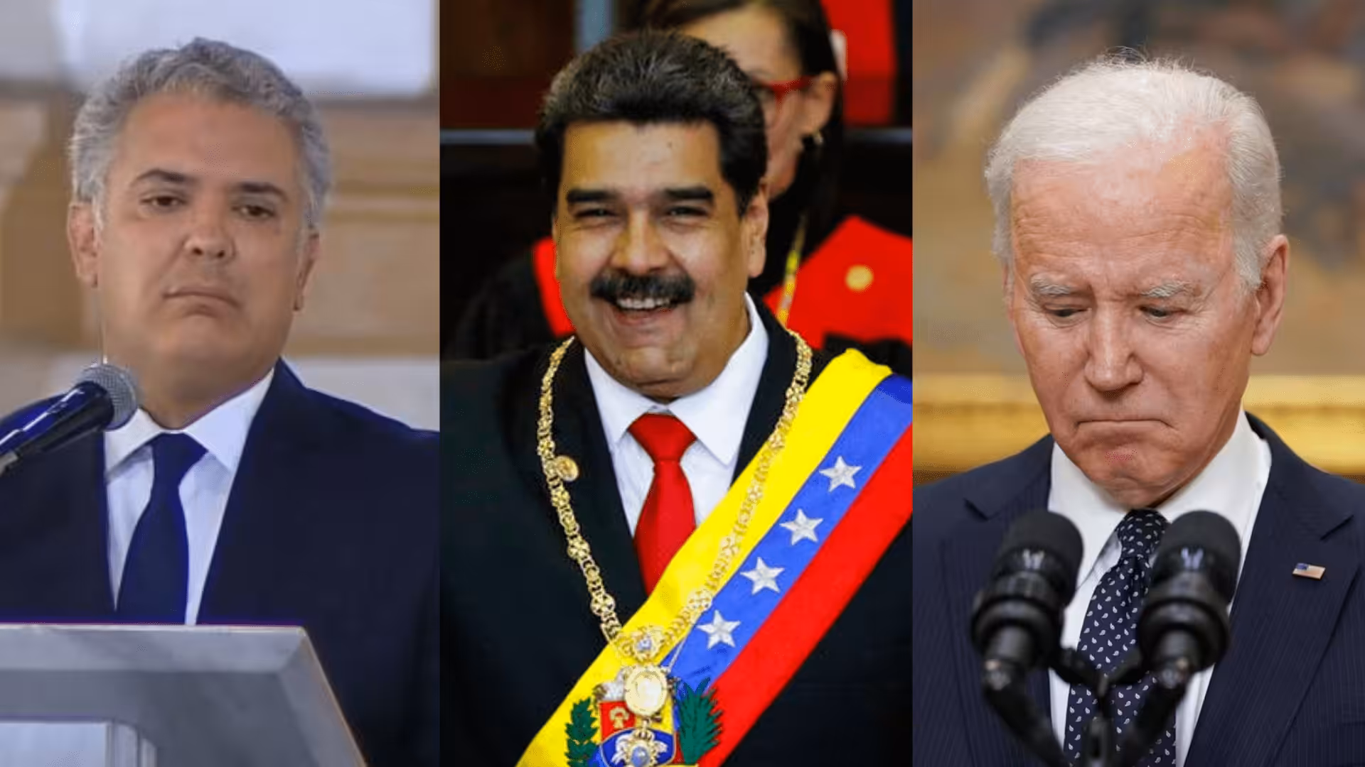 Colombian president Ivan Duque looking disoriented (left), Venezuelan President Nicolas Maduro laughing (center) and US president Joe Biden looking sad (right). Photo by RedRadioVE.