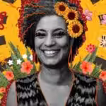 Poster showing murdered Brazilian politician and activist Marielle Franco's face in a background of flowers. Photo: Elstica magazine