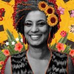 Poster showing murdered Brazilian politician and activist Marielle Franco's face in a background of flowers. Photo: Elstica magazine