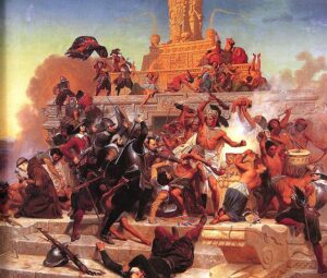 Storming of the Aztec Teocalli by Hernán Cortés and his troops. Painting by Emanuel Leutze.