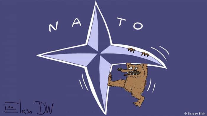 Cartoon showing Russia and NATO in conflict.