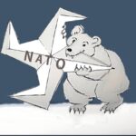 Cartoon showing the NATO logo being bitten by a bear, explaining that the war in Ukraine is between Russia and the US-led NATO. Photo: Hamilton Coalition to Stop the War