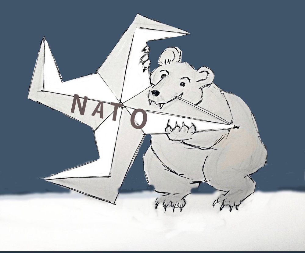 Cartoon showing the NATO logo being bitten by a bear, explaining that the war in Ukraine is between Russia and the US-led NATO. Photo: Hamilton Coalition to Stop the War
