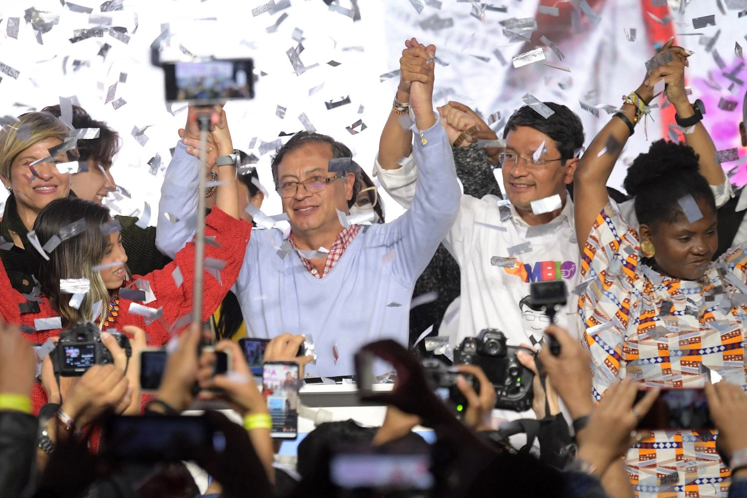 Gustavo Petro, the presidential candidate, celebrates after winning the primary for the leftist Pacto Historico coalition in Bogotá on March 13. Photo: Raul Arboleda / AFP via Getty Images.