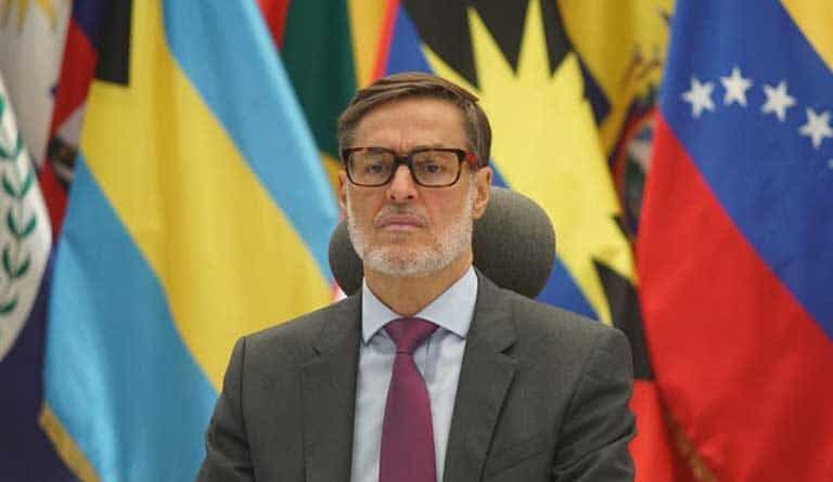 Venezuelan Foreign Affairs Minister Felix Plasencia with Latin American and Caribbean flags in the background. File photo.