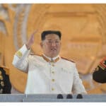 President of the Democratic People's Republic of Korea Kim Jong Un for the fist time wearing his Admiral uniform during the parade to celebrate the 90th anniversary of the Army. Photo: Rodong.