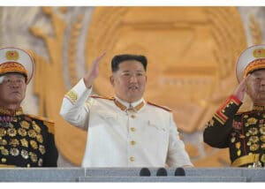 President of the Democratic People's Republic of Korea Kim Jong Un for the fist time wearing his Admiral uniform during the parade to celebrate the 90th anniversary of the Army. Photo: Rodong.