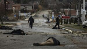 Featured image: Corpses strewn on streets of Bucha, Ukraine. Ukraine alleges Russia was behind the killings, but the evidence does not corroborate these accusations. Photo: Ronaldo Schemidt/AFP.