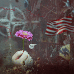 Photo composition by Almayadeen English with a flower on a background with NATO flag, US flag and Azov Batallion flag.
