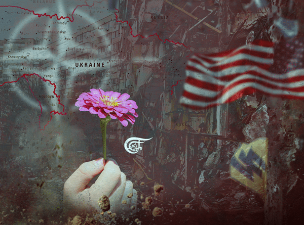 Photo composition by Almayadeen English with a flower on a background with NATO flag, US flag and Azov Batallion flag.