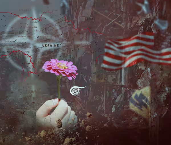 Photo composition by Almayadeen English with a flower on a background with NATO flag, US flag and Azov Batallion flag.
