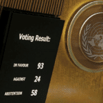 A display shows the results of voting on suspending Russia from the United Nations Human Rights Council during an emergency special session of the U.N. General Assembly at the UN headquarters in New York City, April 7, 2022. Photo: Andrew Kelly/Reuters.