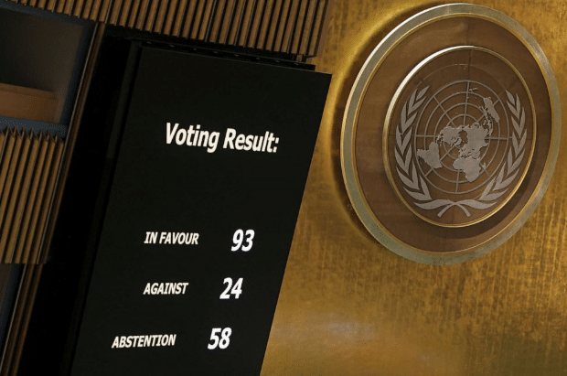 A display shows the results of voting on suspending Russia from the United Nations Human Rights Council during an emergency special session of the U.N. General Assembly at the UN headquarters in New York City, April 7, 2022. Photo: Andrew Kelly/Reuters.