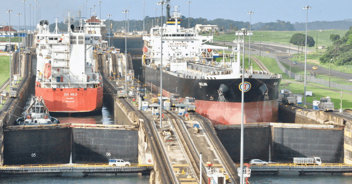 Two heavy vessels crossing the Panama Canal water lock system in opposite directions. Photo: Marine Insight.
