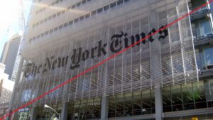 The New York Times headquarters crossed by and red line. File photo.