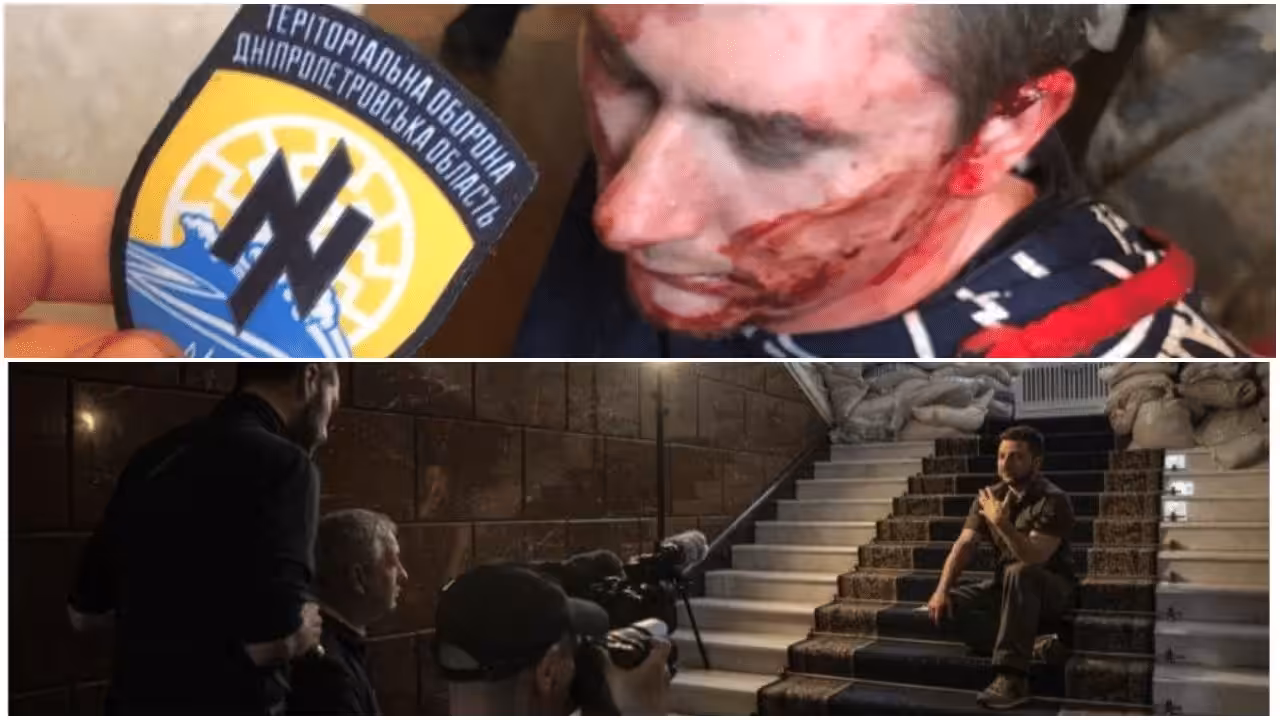 Featured image: (Above) The torture of left-wing activist Alexander Matjuschenko on March 3 in Dnipro, recorded by Azov members, (below) President Volodymyr Zelensky poses during a media engagement. Photo: The Grayzone.