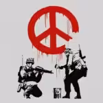 Featured image: Sketch showing a man painting the peace sign with red paint while another man aims a rifle at the painter.