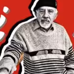 Photo composition with a black and white image of Carlos Lanz with questions signs in a red background. Photo: RedRadioVE.