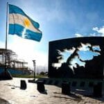 Park with the Argentinian flag and a map of the Malvinas islands, called Falkland by the British occupiers. File photo.