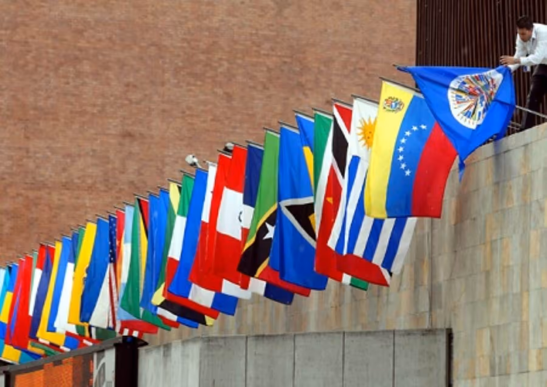 Line of Latin American and Caribbean countries flags along with the Organization of American State flag, File photo.