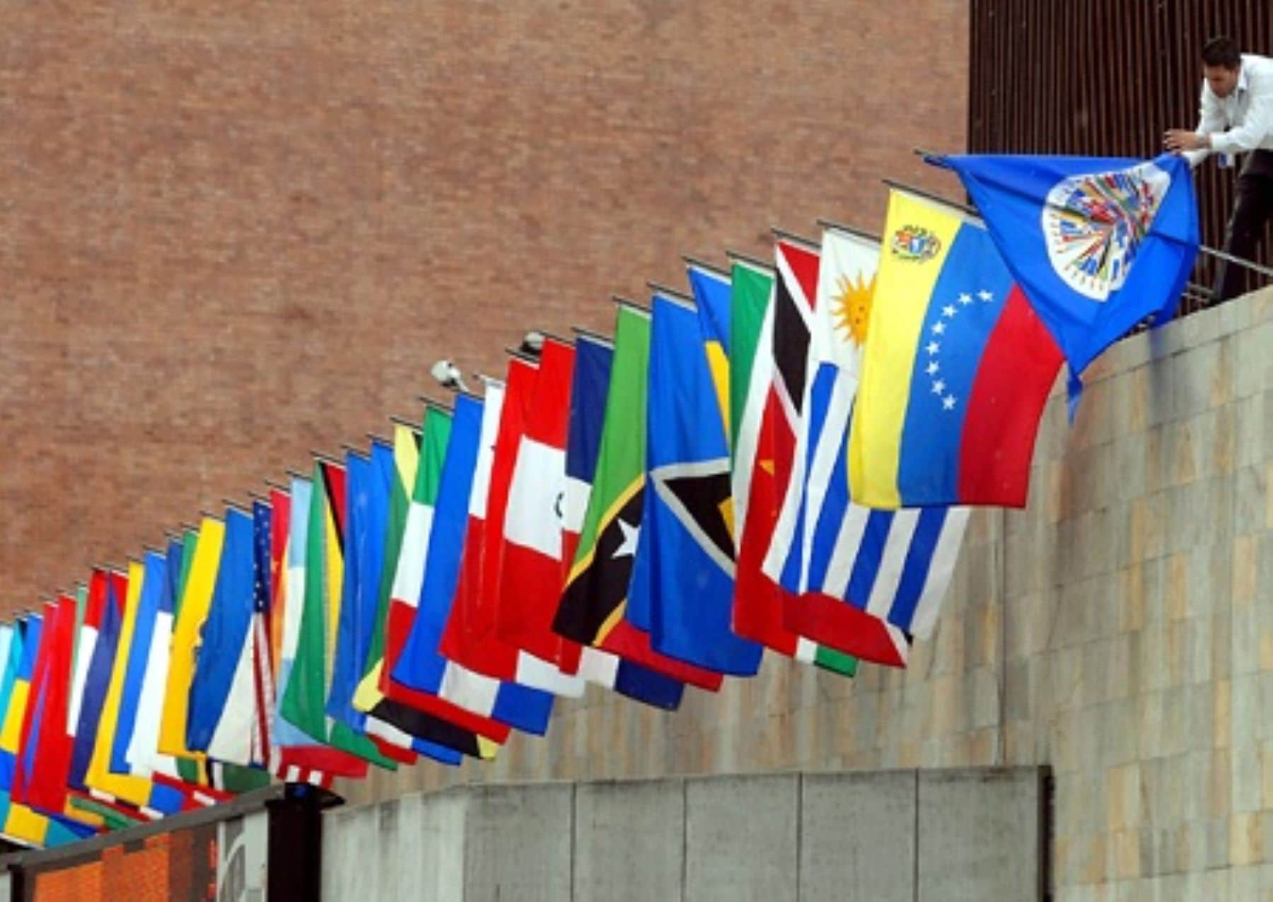 Line of Latin American and Caribbean countries flags along with the Organization of American State flag, File photo.