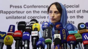 UN Special Rapporteur Alena Douhan speaks at a press conference in Tehran on May 18, 2022. Photo by IRNA.