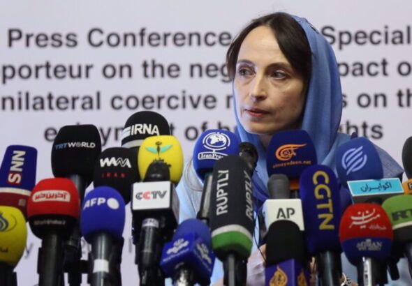 UN Special Rapporteur Alena Douhan speaks at a press conference in Tehran on May 18, 2022. Photo by IRNA.