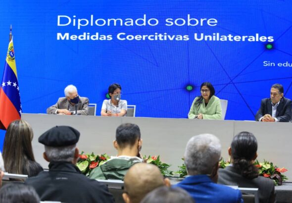 Venezuelan Vice President Delcy  Rodríguez during the inauguration of the program on Unilateral Coercive Measures, in Caracas, Saturday, May 28. Photo: Presidential Press.