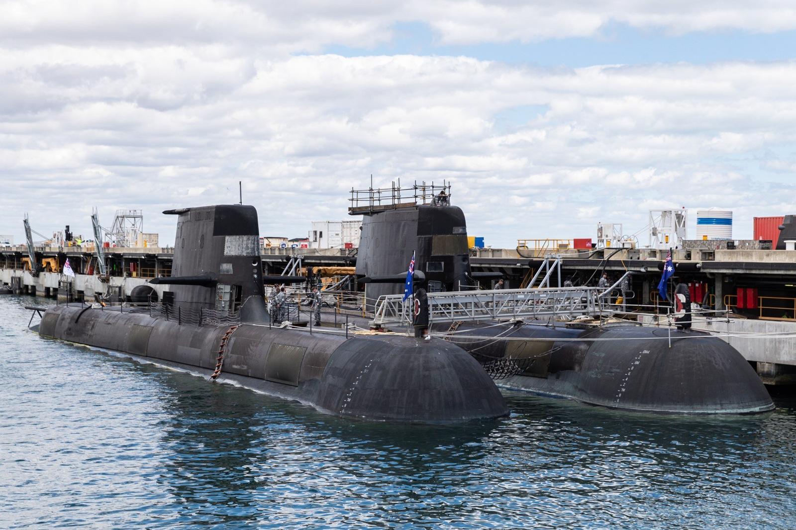 Diesel-powered submarines are seen docked at a naval base in Perth. The Aukus alliance allows for the sharing of nuclear-submarine technology. Photo: EPA-EFE.