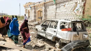 A house destroyed when Al-Shabaab militants attacked a police station on the outskirts of Mogadishu, Somalia in February 2022. Photo: Hassan Ali Elmi AFP.