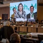A screen shows a projection of US State Department's Under Secretary of State for Political Affairs Victoria Nuland speaking in Marrakech on May 11, 2022. Photo: Fadel Senna/AFP.