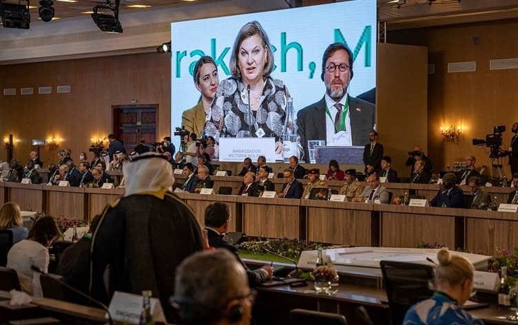 A screen shows a projection of US State Department's Under Secretary of State for Political Affairs Victoria Nuland speaking in Marrakech on May 11, 2022. Photo: Fadel Senna/AFP.