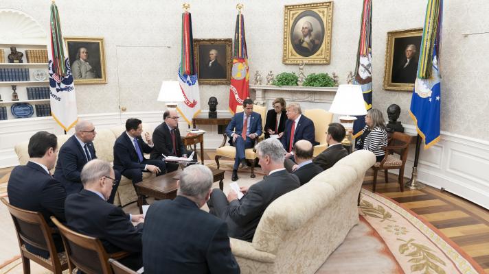 Juan Víctor Salcedo Márquez, cousin of Juan Guaidó, sits on the right hand side of Carlos Vecchio, Guaidó's "ambassador" to the US, during a meeting in the Oval Office of the White House. Photo: White House.